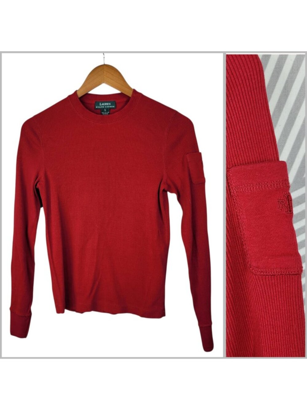 Ralph Lauren Women’s Ribbed Crew Neck Top Small Red Layering Vintage 90s Pocket